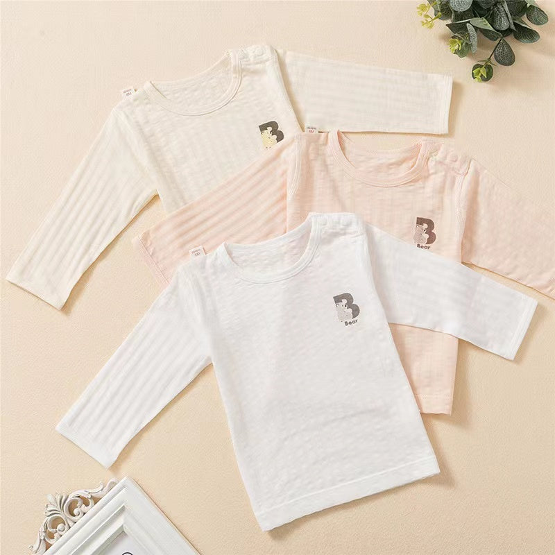 Baby Cartoon Print Long Sleeved Shirt Combo Pants Soft Sets Pajamas in white, pink, and yellow colors, featuring cute cartoon designs.