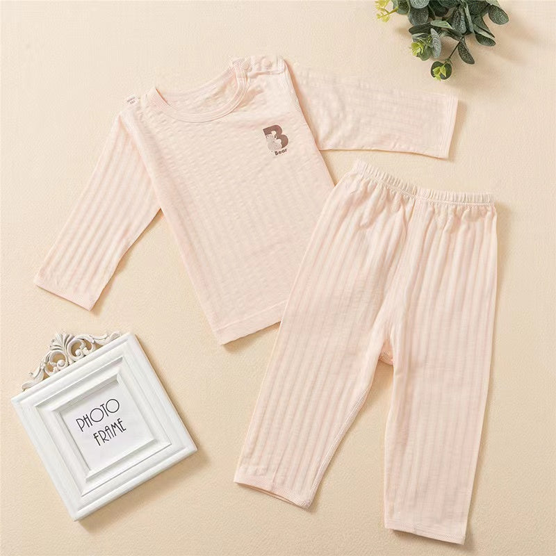 Baby Cartoon Print Long Sleeved Shirt Combo Pants Soft Sets Pajamas in white, pink, and yellow colors, featuring cute cartoon designs.