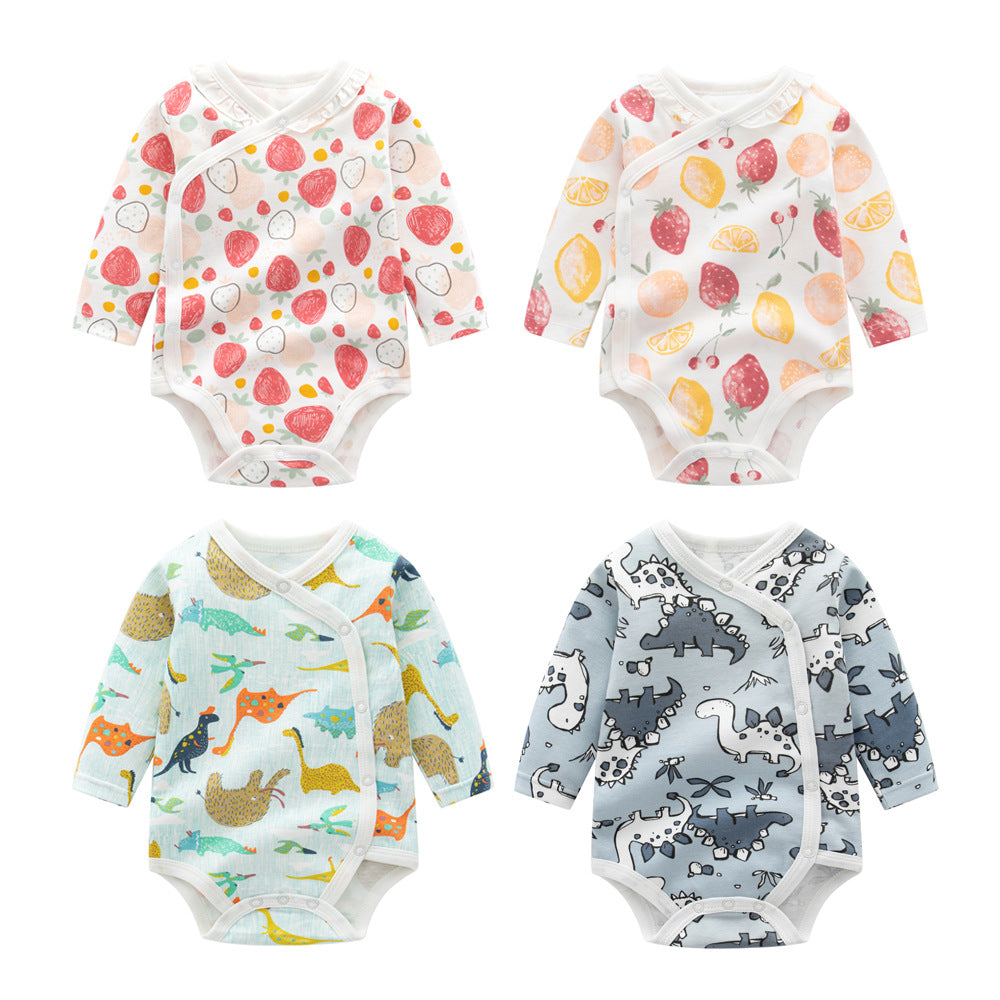 Baby Cartoon Print Pattern Long Sleeve Onesies in various colors with side buttons, featuring playful cartoon designs.