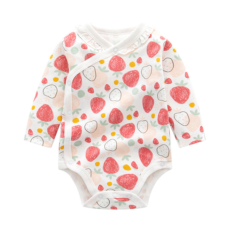 Baby Cartoon Print Pattern Long Sleeve Onesies in various colors with side buttons, featuring playful cartoon designs.