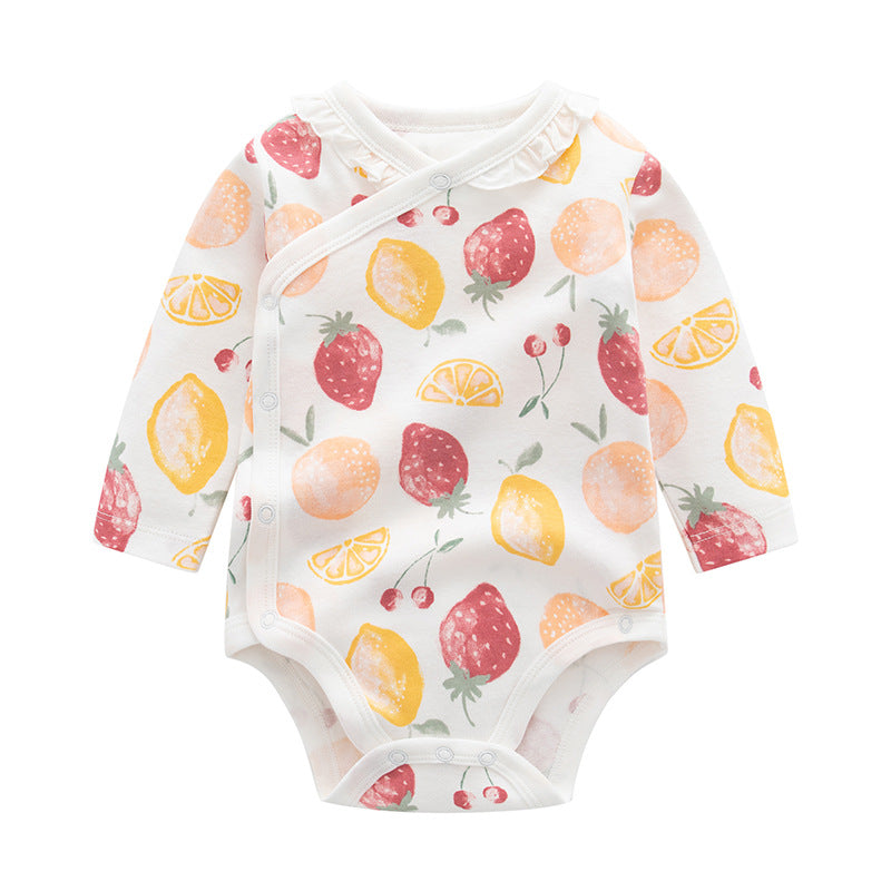 Baby Cartoon Print Pattern Long Sleeve Onesies in various colors with side buttons, featuring playful cartoon designs.