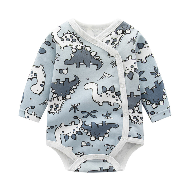 Baby Cartoon Print Pattern Long Sleeve Onesies in various colors with side buttons, featuring playful cartoon designs.