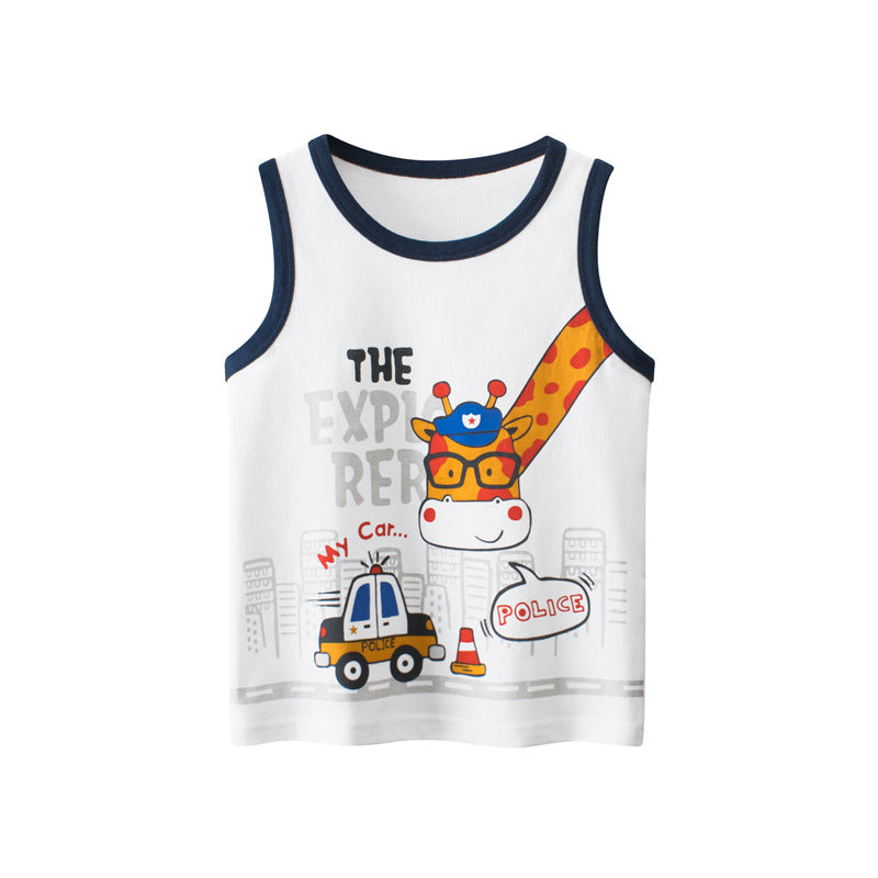 Baby sleeveless crewneck top featuring colorful cartoon prints, available in various colors for boys.