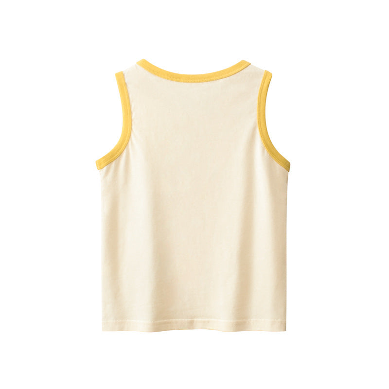 Baby sleeveless crewneck top featuring colorful cartoon prints, available in various colors for boys.