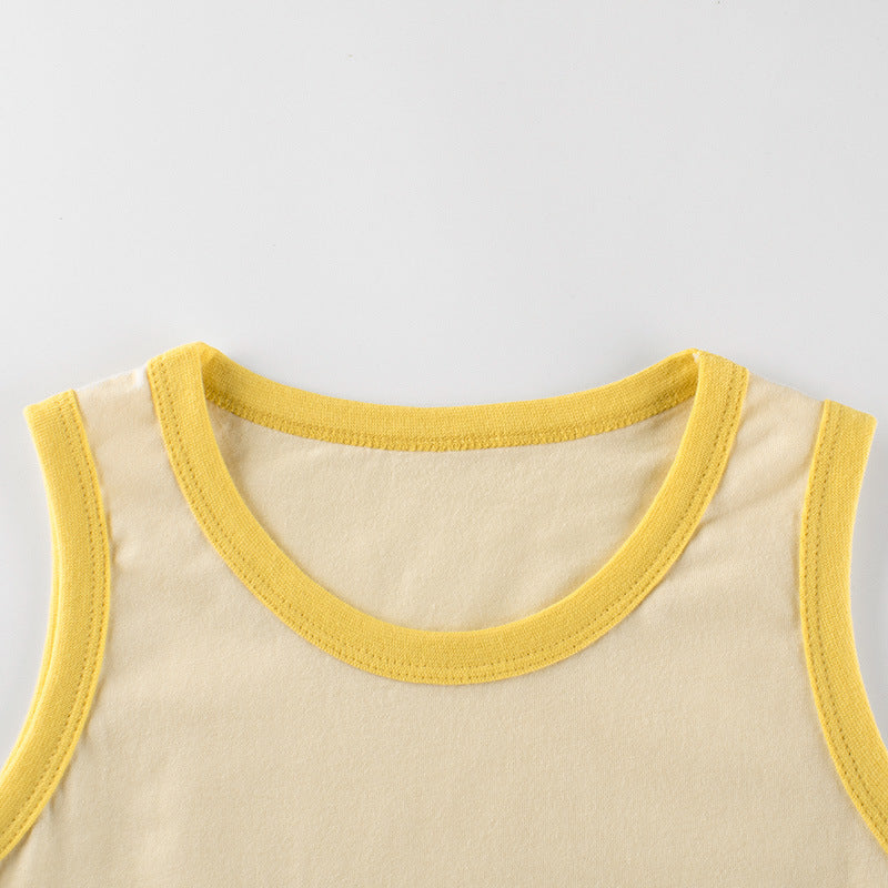 Baby sleeveless crewneck top featuring colorful cartoon prints, available in various colors for boys.