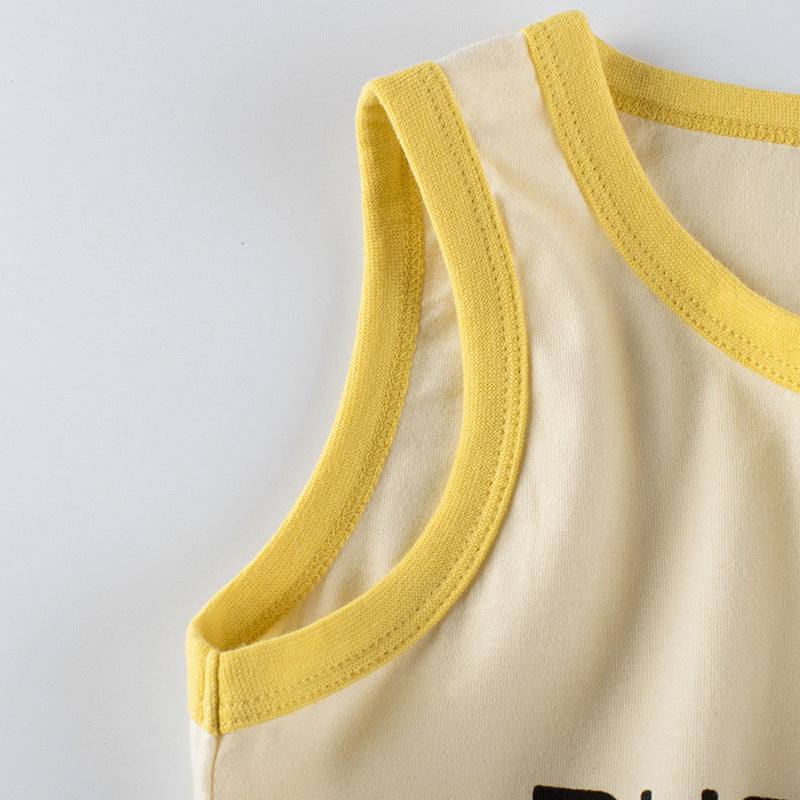 Baby sleeveless crewneck top featuring colorful cartoon prints, available in various colors for boys.