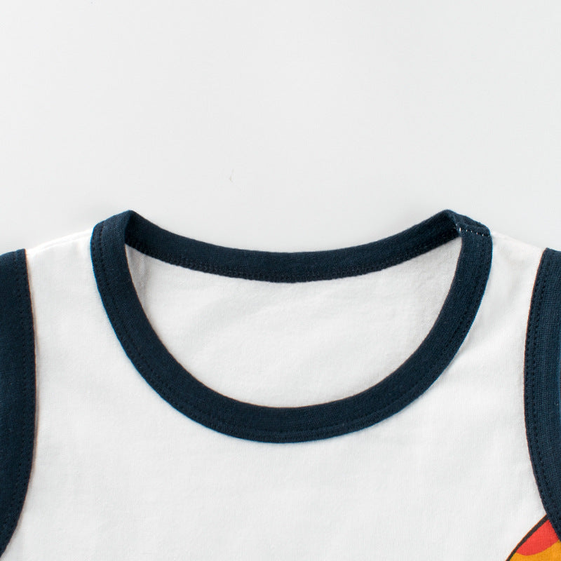 Baby sleeveless crewneck top featuring colorful cartoon prints, available in various colors for boys.