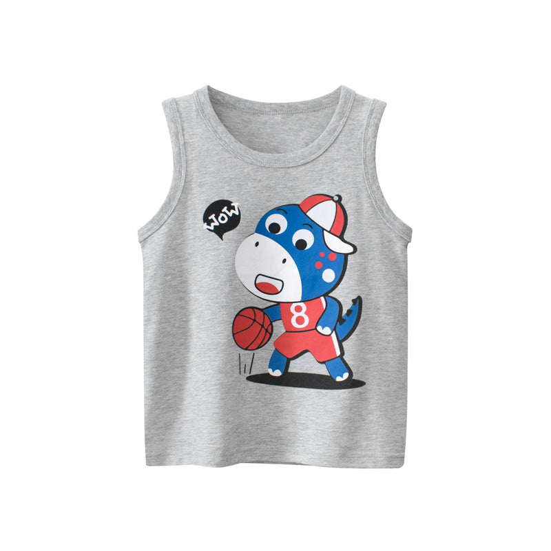 Baby sleeveless crewneck top featuring colorful cartoon prints, available in various colors for boys.