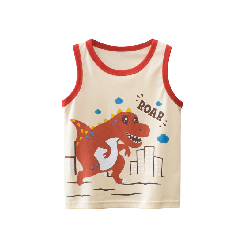 Baby sleeveless crewneck top featuring colorful cartoon prints, available in various colors for boys.