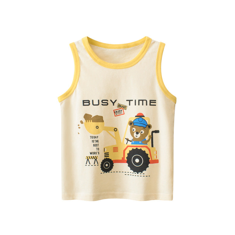 Baby sleeveless crewneck top featuring colorful cartoon prints, available in various colors for boys.