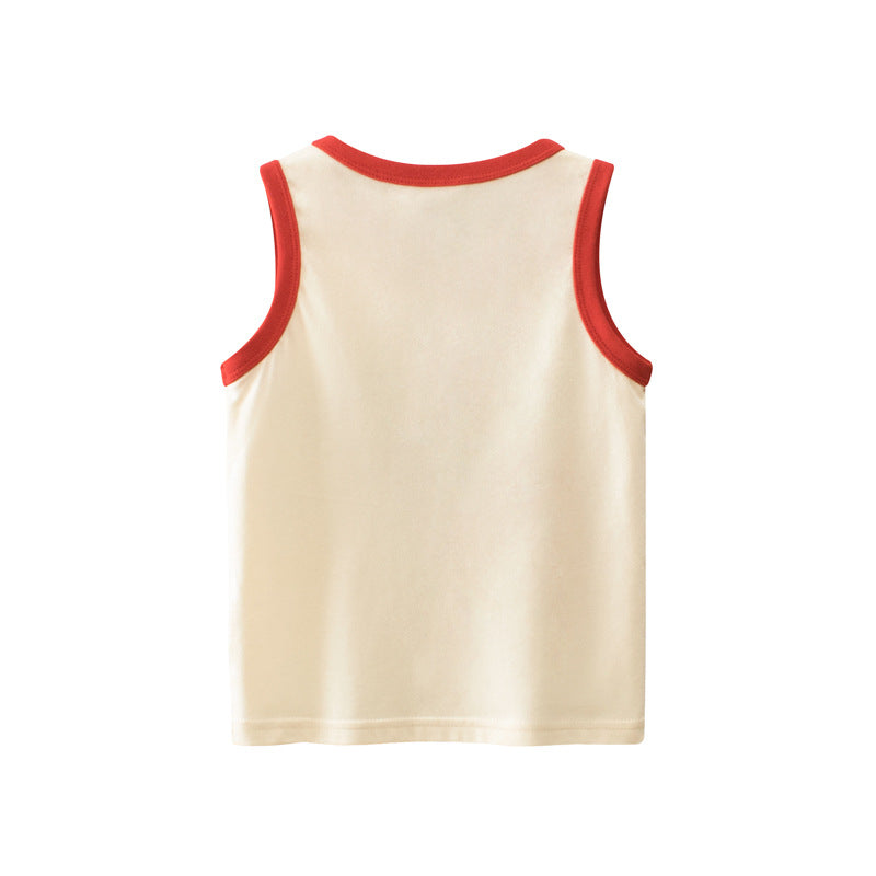 Baby sleeveless crewneck top featuring colorful cartoon prints, available in various colors for boys.