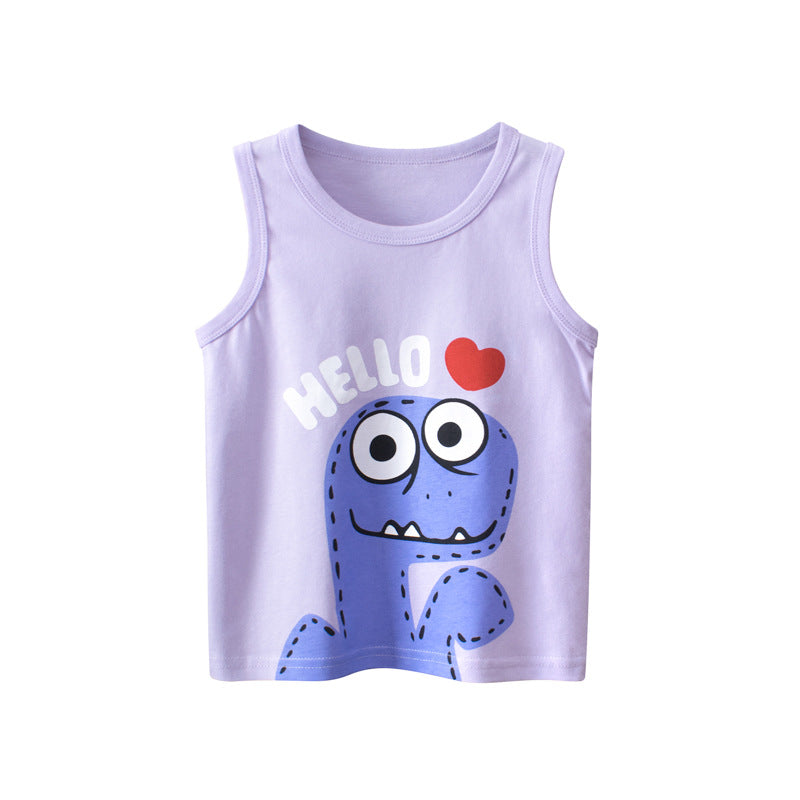 Baby Cartoon Print Pattern Sleeveless O-Neck Vest in pink with cute cartoon designs, perfect for summer wear.