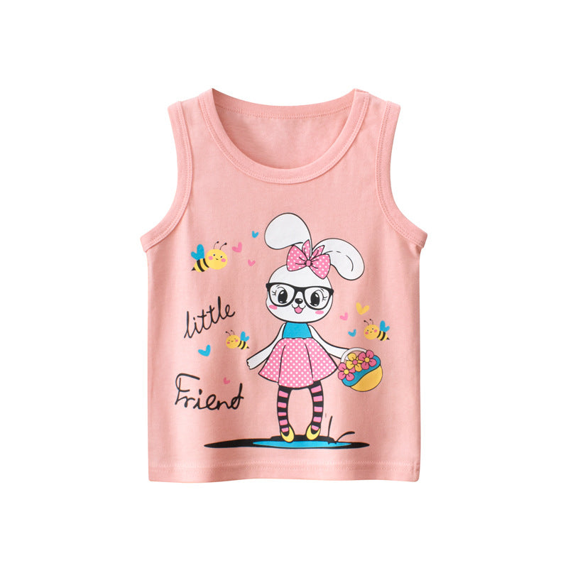 Baby Cartoon Print Pattern Sleeveless O-Neck Vest in pink with cute cartoon designs, perfect for summer wear.