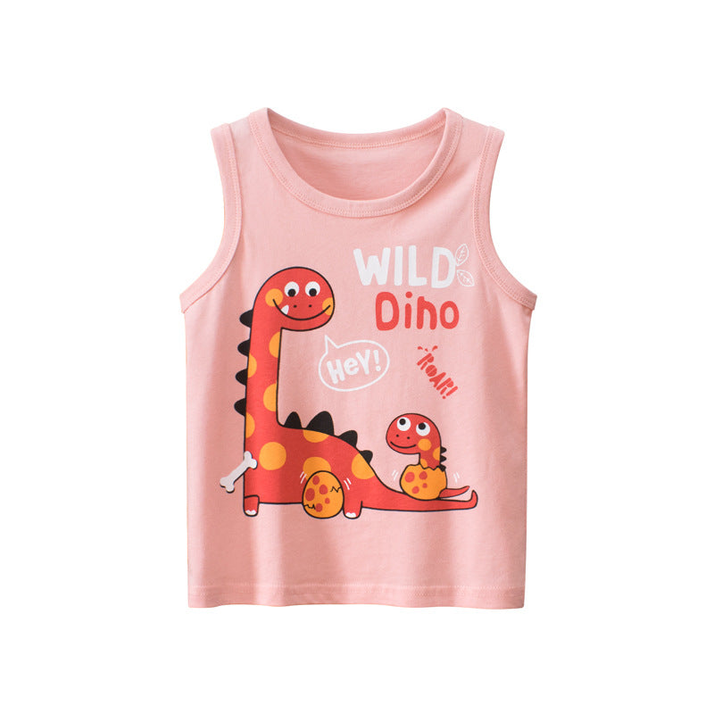 Baby Cartoon Print Pattern Sleeveless O-Neck Vest in pink with cute cartoon designs, perfect for summer wear.