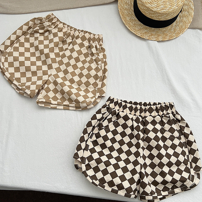 Baby Checkerboard Pattern Casual Summer Shorts in black and khaki, featuring an adjustable waistband and lightweight cotton material.