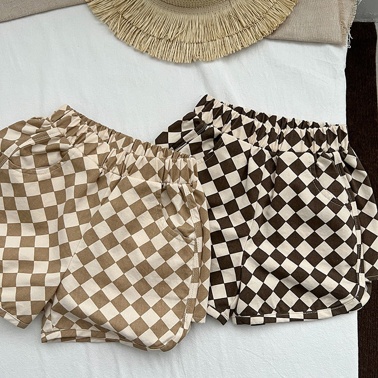 Baby Checkerboard Pattern Casual Summer Shorts in black and khaki, featuring an adjustable waistband and lightweight cotton material.