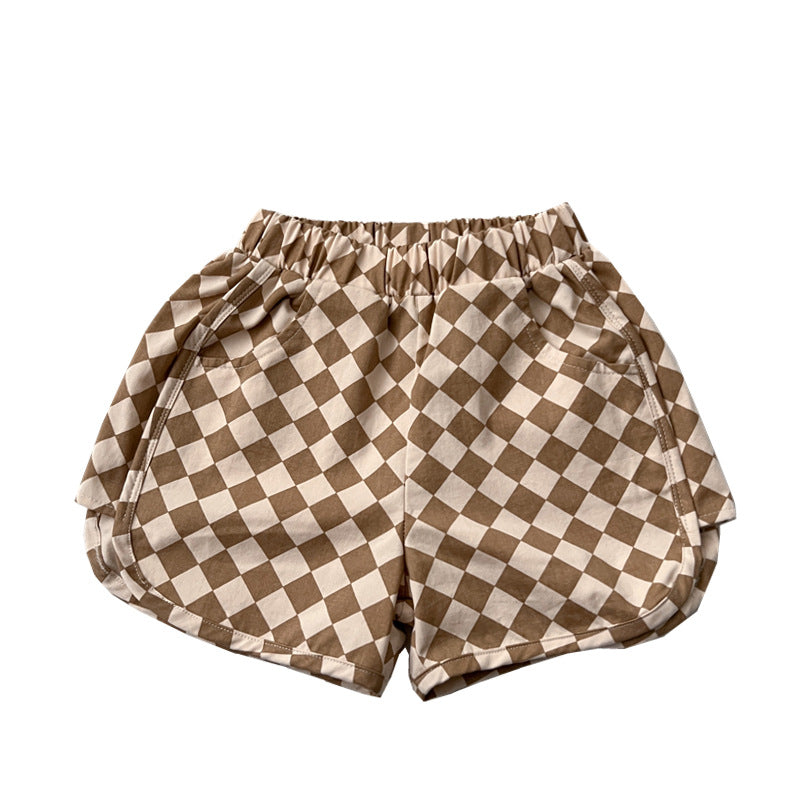 Baby Checkerboard Pattern Casual Summer Shorts in black and khaki, featuring an adjustable waistband and lightweight cotton material.