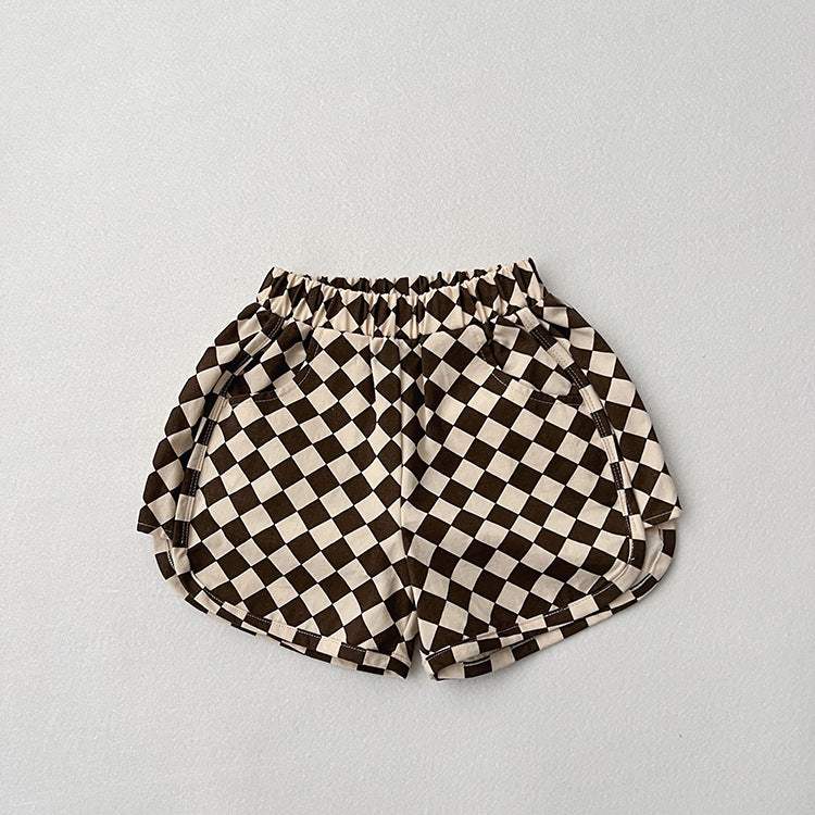 Baby Checkerboard Pattern Casual Summer Shorts in black and khaki, featuring an adjustable waistband and lightweight cotton material.