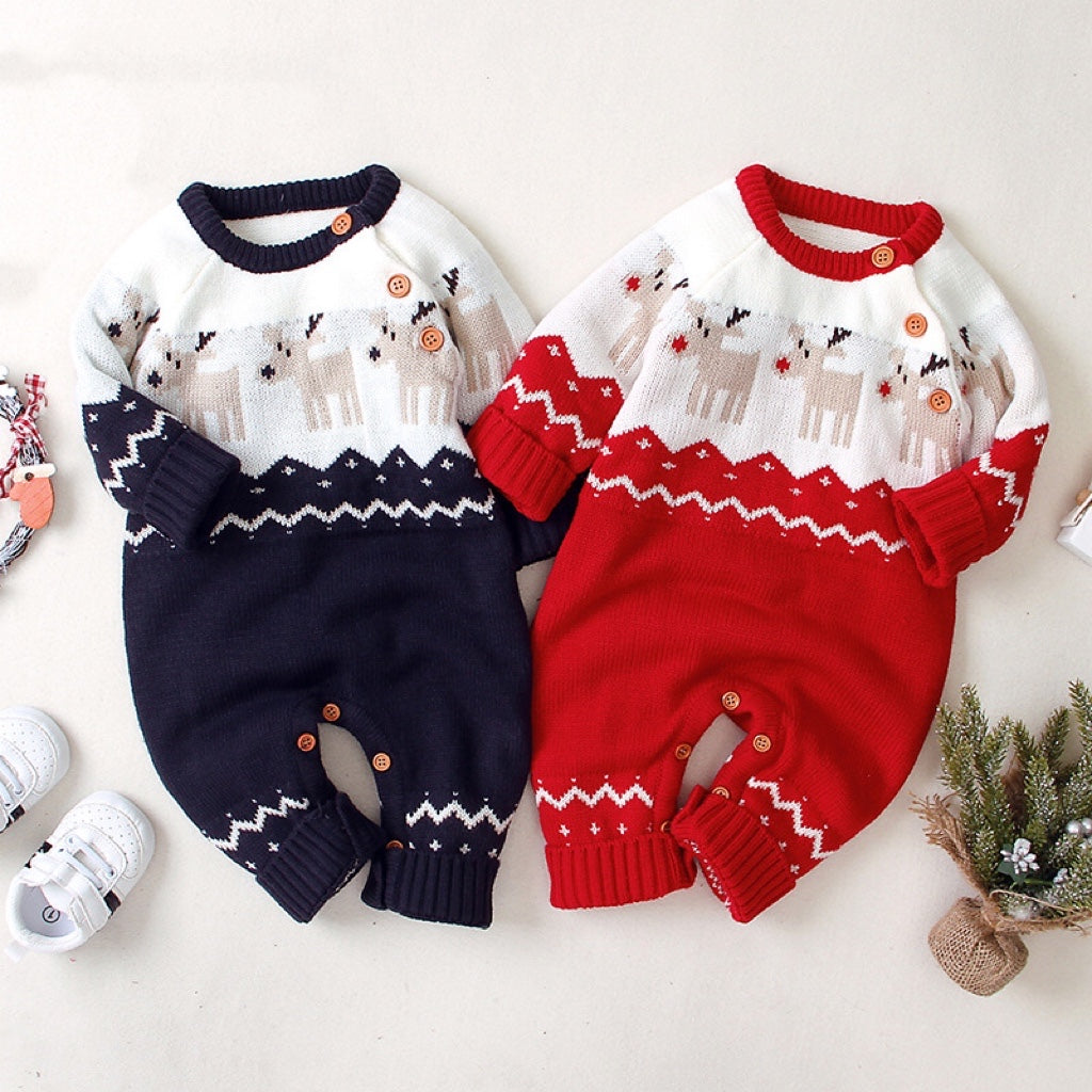 Baby Christmas Giraffe Pattern Shoulder Button Design Sweater Romper in red and navy blue, featuring a playful giraffe design and shoulder buttons.