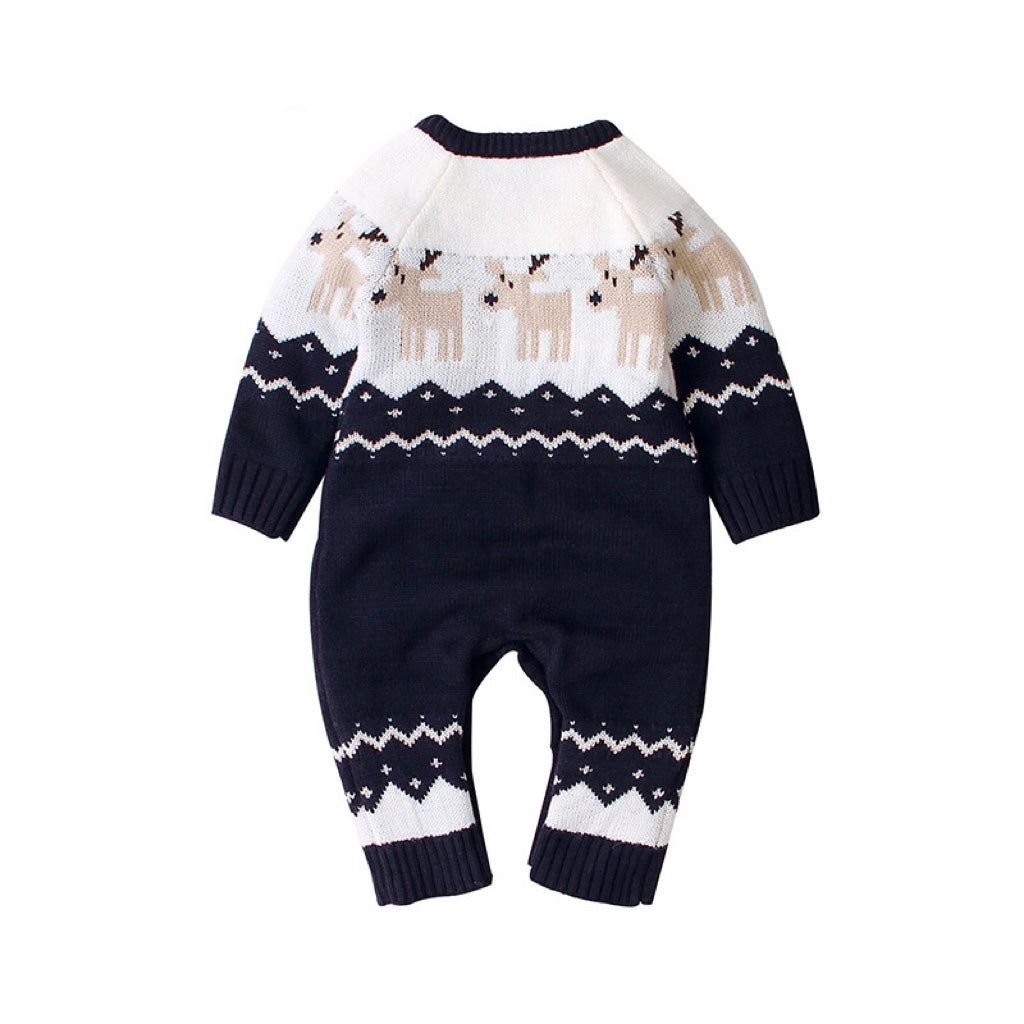 Baby Christmas Giraffe Pattern Shoulder Button Design Sweater Romper in red and navy blue, featuring a playful giraffe design and shoulder buttons.