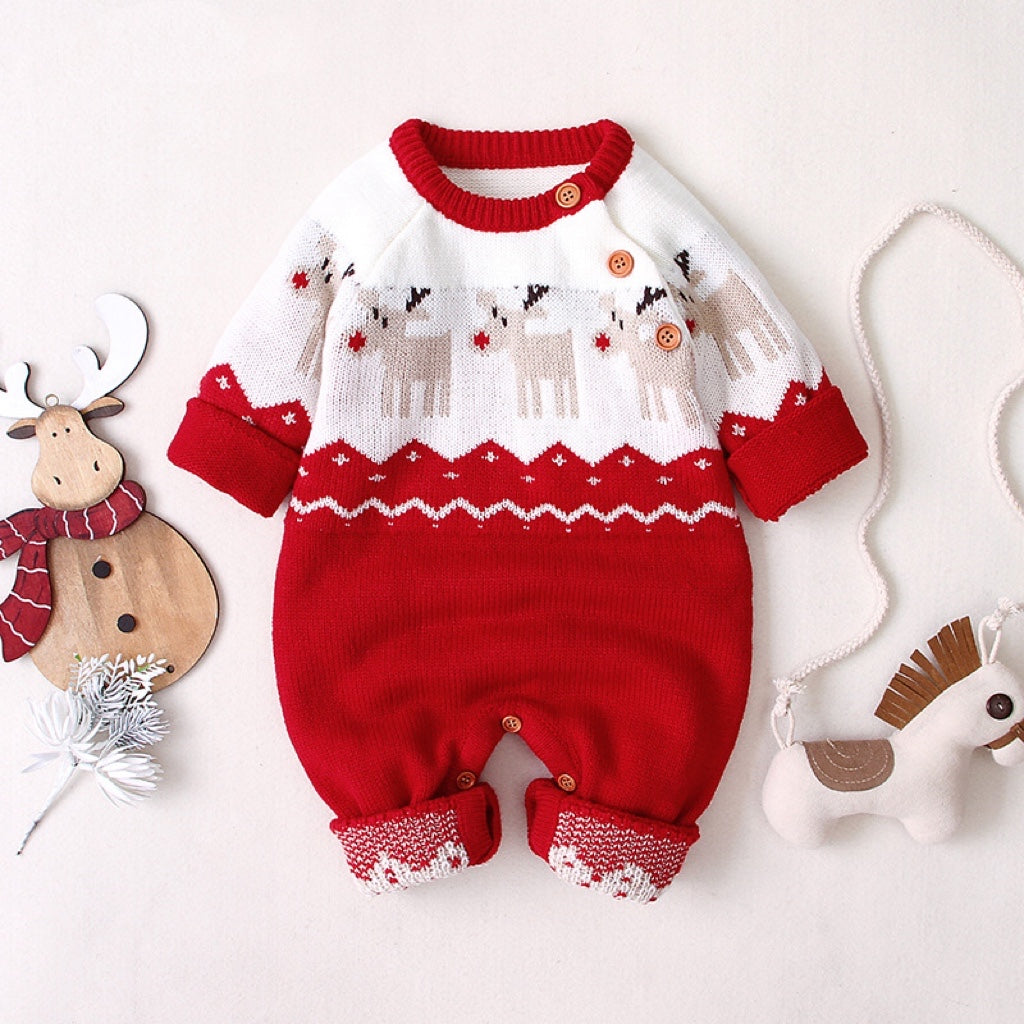 Baby Christmas Giraffe Pattern Shoulder Button Design Sweater Romper in red and navy blue, featuring a playful giraffe design and shoulder buttons.