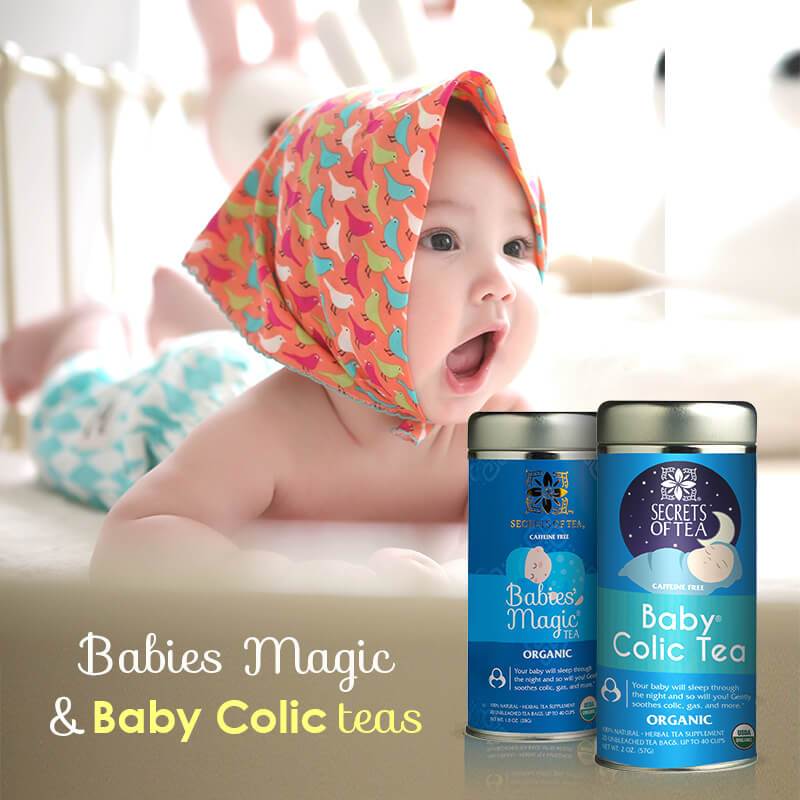 A pack of Baby Colic & Babies' Magic Tea, featuring organic ingredients designed to soothe digestive issues in infants.