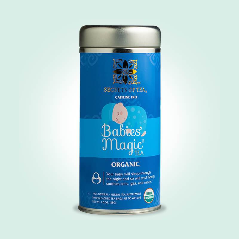 A pack of Baby Colic & Babies' Magic Tea, featuring organic ingredients designed to soothe digestive issues in infants.