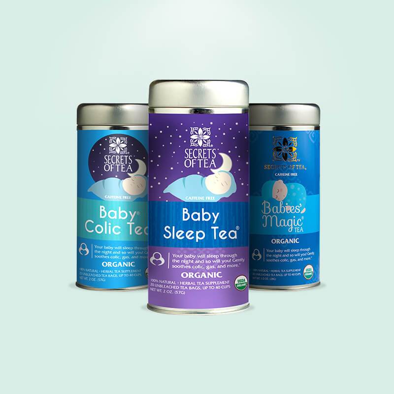 A pack of Baby Colic, Magic, & Sleep Tea featuring organic ingredients designed for soothing babies' digestive issues.