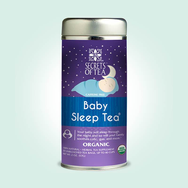 A pack of Baby Colic, Magic, & Sleep Tea featuring organic ingredients designed for soothing babies' digestive issues.