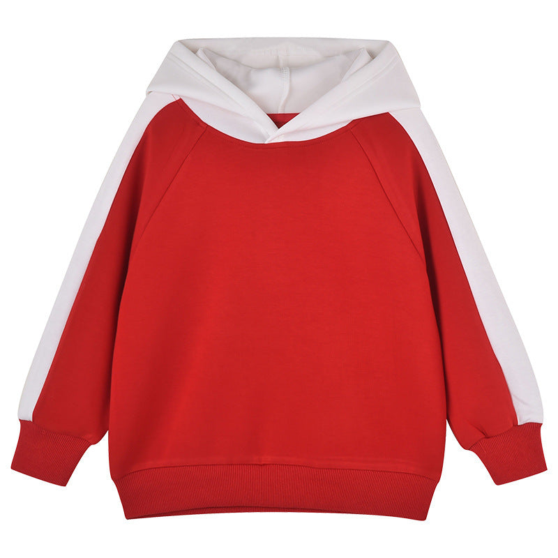 A colorful baby pullover hoodie in white, red, and grey, designed for comfort and style, perfect for adventurous toddlers.