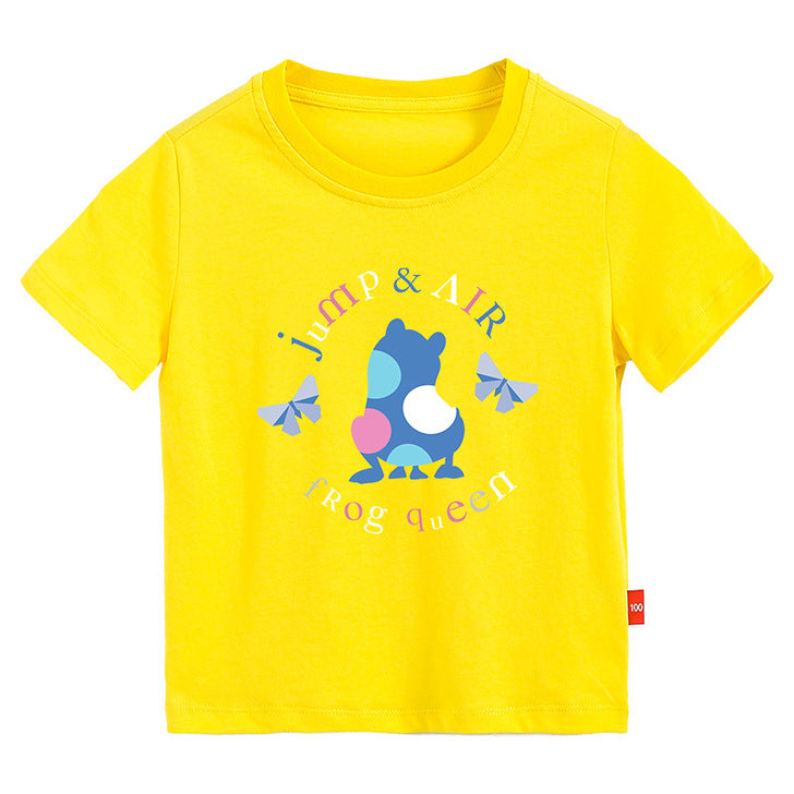 A colorful baby t-shirt featuring a playful frog print pattern, perfect for summer wear.