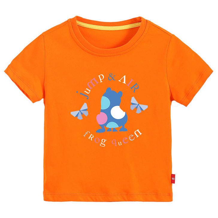 A colorful baby t-shirt featuring a playful frog print pattern, perfect for summer wear.