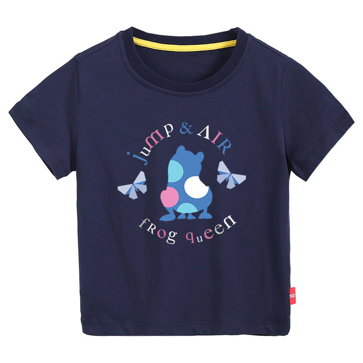 A colorful baby t-shirt featuring a playful frog print pattern, perfect for summer wear.