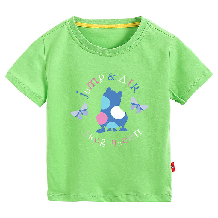 A colorful baby t-shirt featuring a playful frog print pattern, perfect for summer wear.