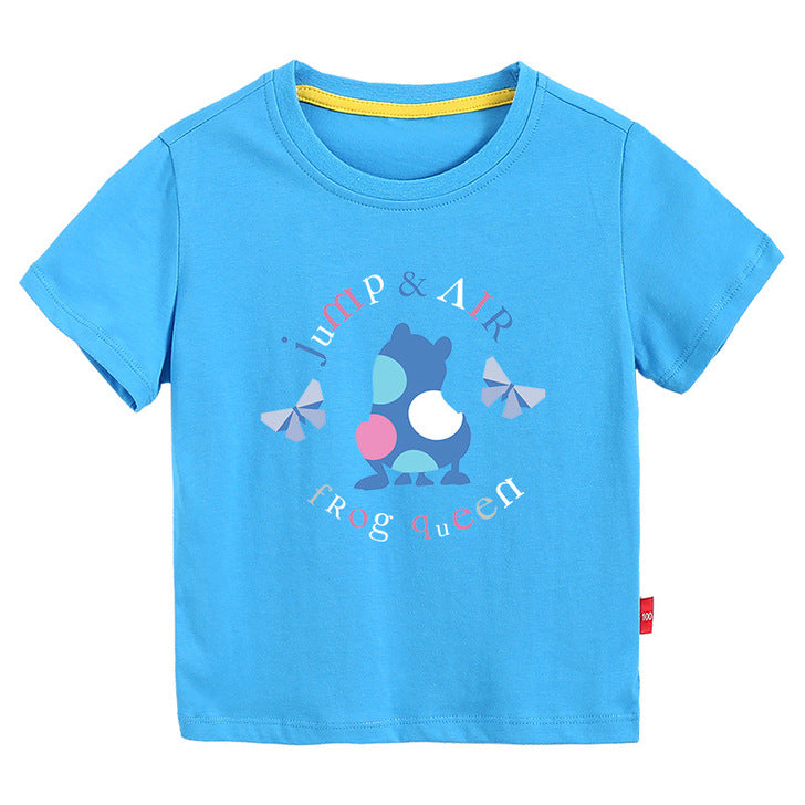 A colorful baby t-shirt featuring a playful frog print pattern, perfect for summer wear.