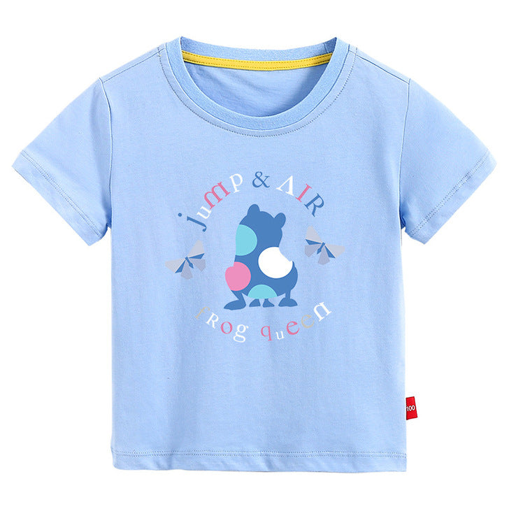 A colorful baby t-shirt featuring a playful frog print pattern, perfect for summer wear.