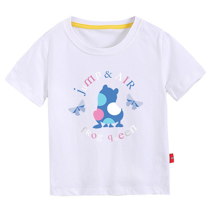 A colorful baby t-shirt featuring a playful frog print pattern, perfect for summer wear.