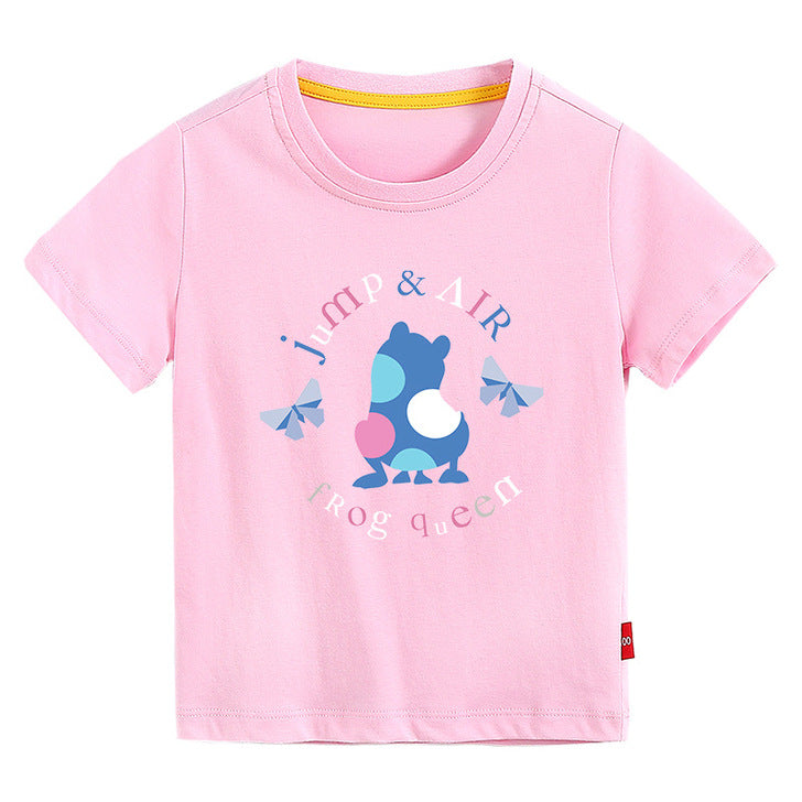 A colorful baby t-shirt featuring a playful frog print pattern, perfect for summer wear.