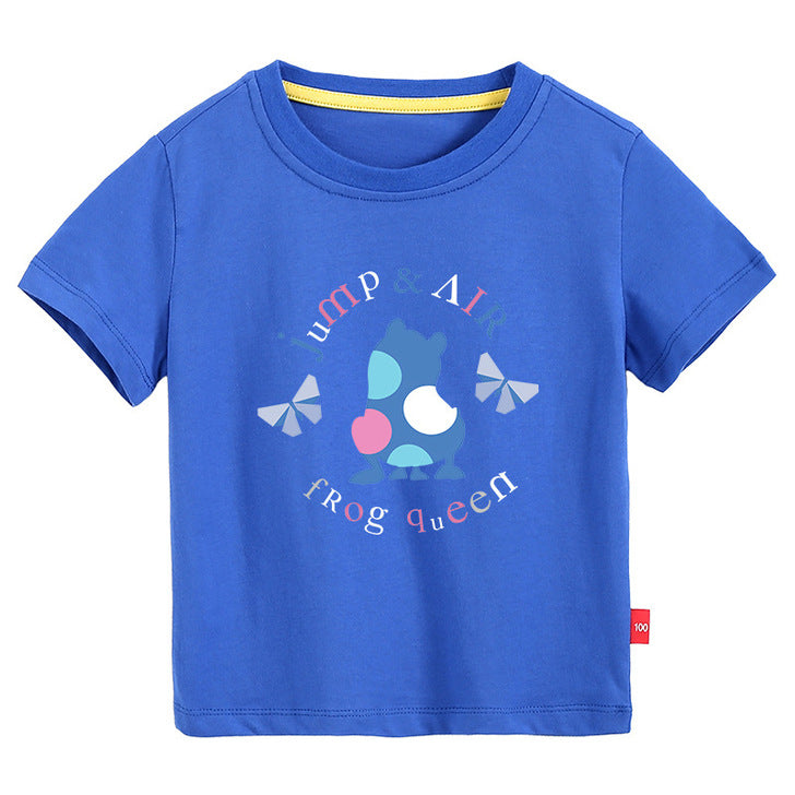 A colorful baby t-shirt featuring a playful frog print pattern, perfect for summer wear.