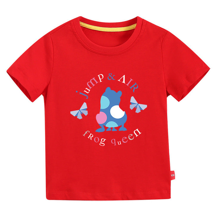 A colorful baby t-shirt featuring a playful frog print pattern, perfect for summer wear.