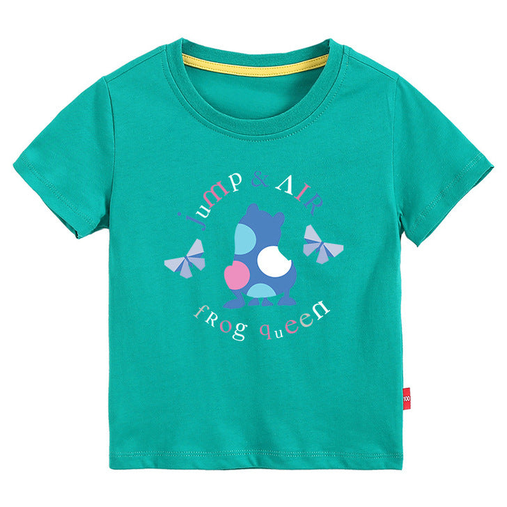 A colorful baby t-shirt featuring a playful frog print pattern, perfect for summer wear.