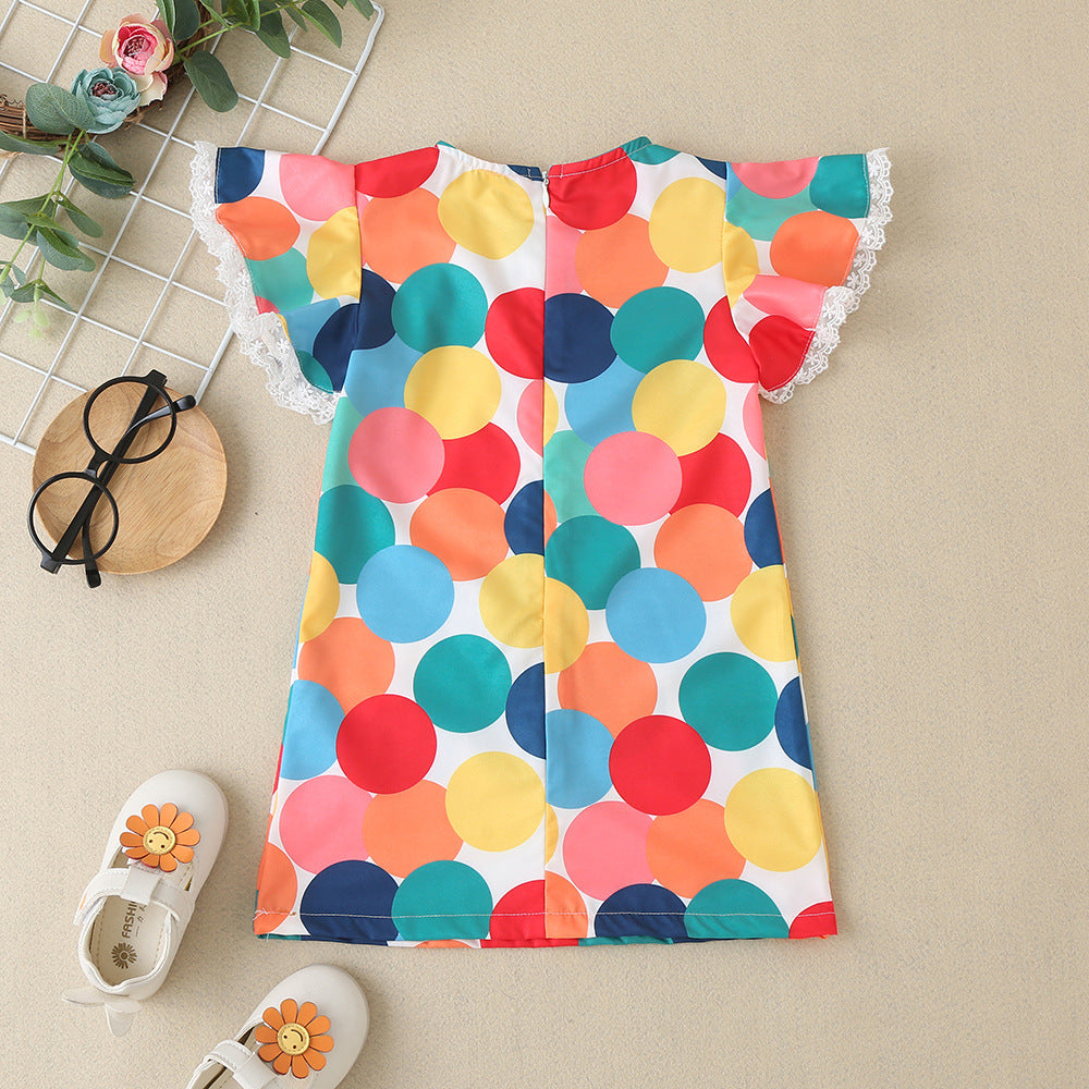 A cute baby dress featuring colorful polka dots and butterfly sleeves, perfect for summer wear.