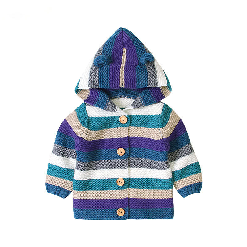 A colorful striped knitted cardigan with button front and matching hat for babies, featuring purple and green colors, perfect for boys and girls.