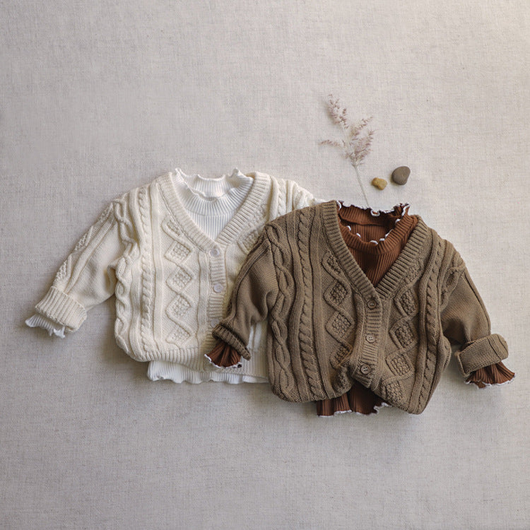 A cozy Baby Crochet Knit Pattern Cardigan in solid beige color with a V-neck and single-breasted design, perfect for infants.