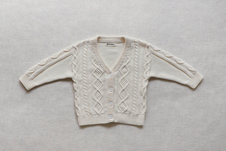 A cozy Baby Crochet Knit Pattern Cardigan in solid beige color with a V-neck and single-breasted design, perfect for infants.