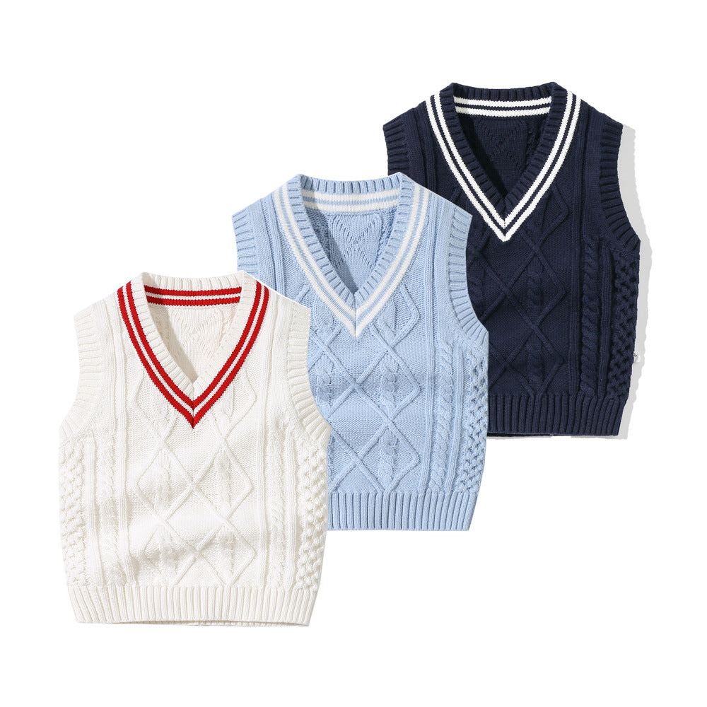 A stylish baby crochet knitting pattern featuring a striped V-neck design in soft cotton, available in white, navy blue, and blue.