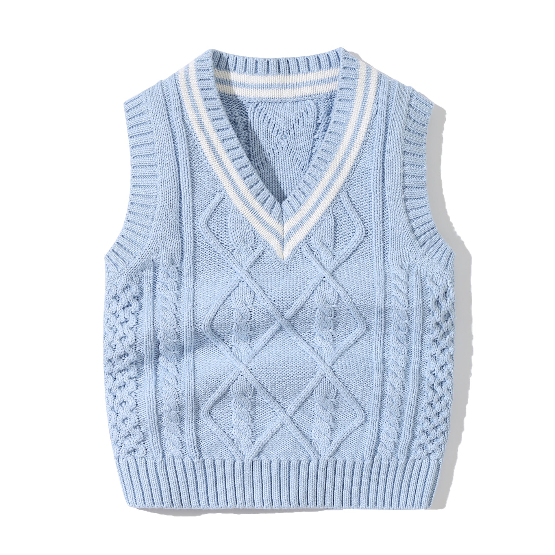 A stylish baby crochet knitting pattern featuring a striped V-neck design in soft cotton, available in white, navy blue, and blue.