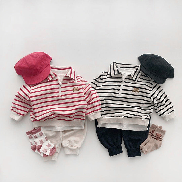 Baby Cute Bear Embroidered Polo Neck Cotton Hoodie in black and red with striped pattern, perfect for chilly days.