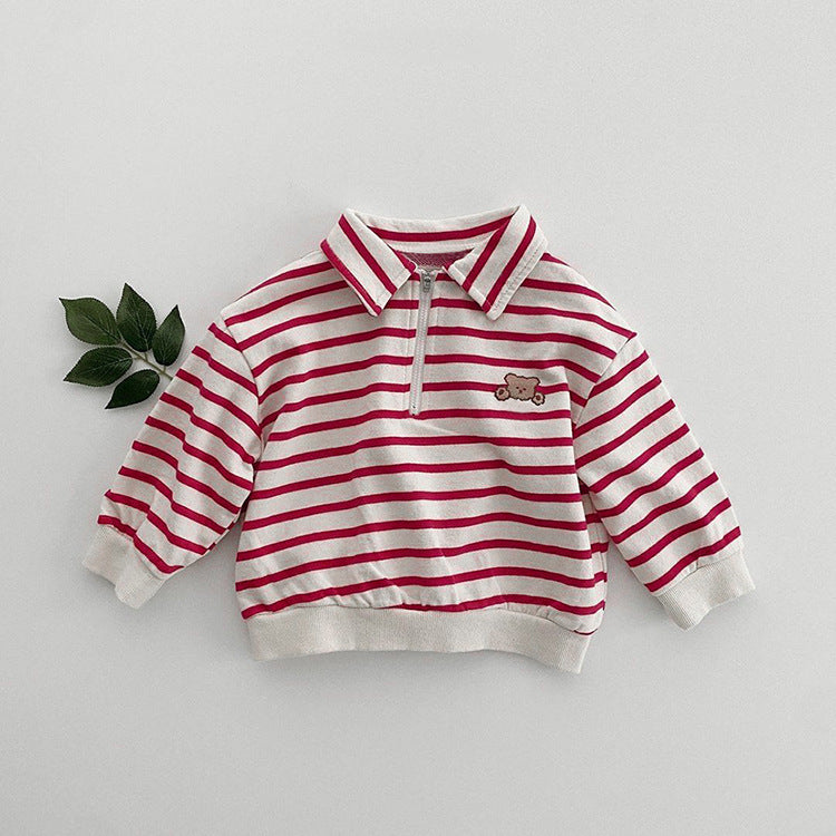 Baby Cute Bear Embroidered Polo Neck Cotton Hoodie in black and red with striped pattern, perfect for chilly days.