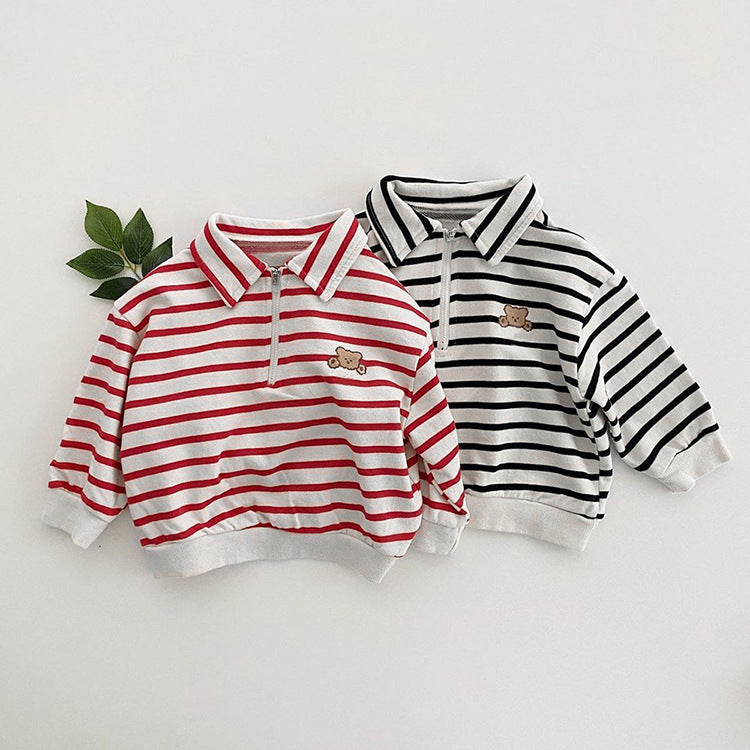 Baby Cute Bear Embroidered Polo Neck Cotton Hoodie in black and red with striped pattern, perfect for chilly days.